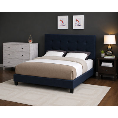Lit plateforme tapissier réglable avec tête de lit capitonnée, base de lit moderne en lin et similicuir, bleu, grand