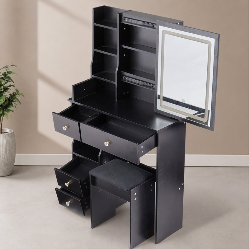 Ensemble de coiffeuse compact de 74 cm (29,2 po) avec miroir coulissant à éclairage DEL à intensité variable (3 couleurs), tiroirs à gauche et tabouret rembourré