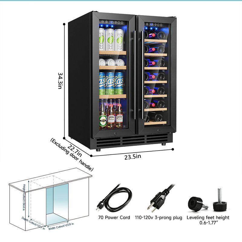 Simzlife 23.5'' W 21 Bottles and 88 Cans 4.65 Cu Ft (Dual Zone) Wine and Beverage Refrigerator - Freestanding/Built-In/Under Counter Cooler with Tempered Glass Door & Reversible Handle
