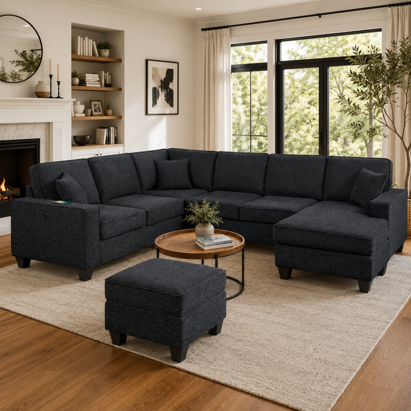 Ensemble de canapé modulaire 5 pièces Vini, 3 coussins, USB, chenille noir rembourré de mousse, Chenille ardoise noire