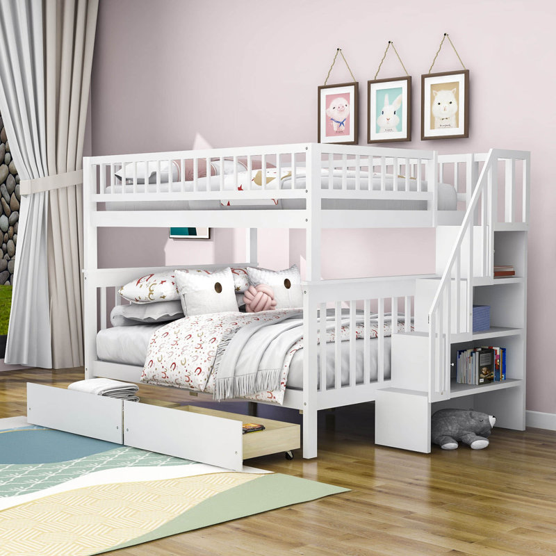 Lit superposé double avec tablettes double sur double par QYUF, Blanc