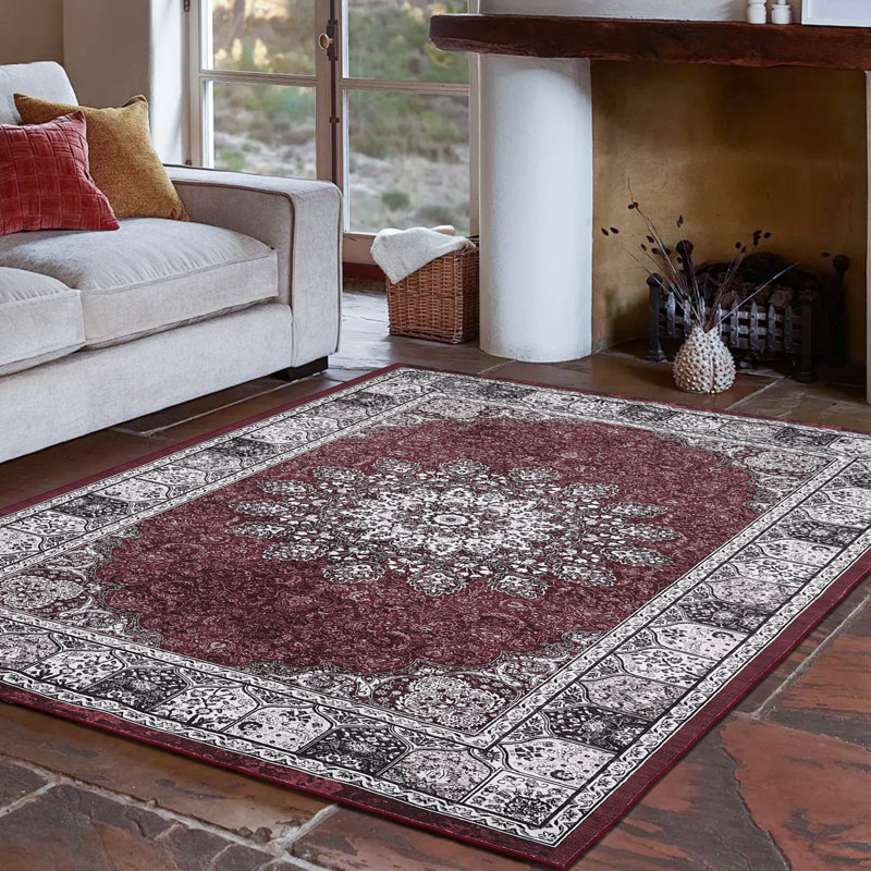 9'x12' Washable Vintage Floral Area Rug, Non-Slip Distressed Indoor Carpet for Living Room Bedroom, Rust Red, Red