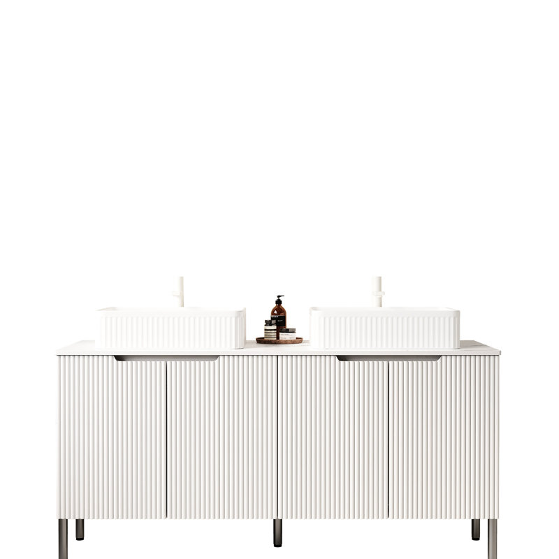 Meuble-lavabo de 60 po, blanc, lavabos rectangulaires en céramique rayés, comptoir blanc, 4 portes, registre à fermeture en douceur, style romantique français, grand espace de rangement, design scandinave, particules de haute qualité