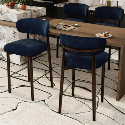 Ensemble de 4 tabourets de bar 26 po en lin, 4 pieds en bois, dossier courbé, bleu