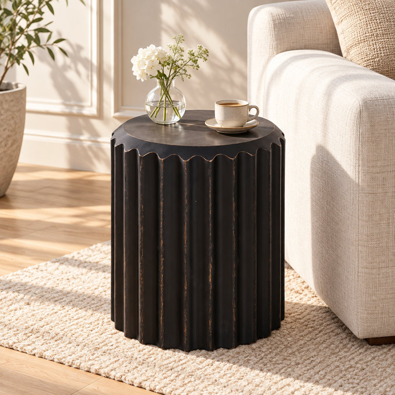 14.6''W X 17''H Round End Table And Side Table With Golden Rim,Black