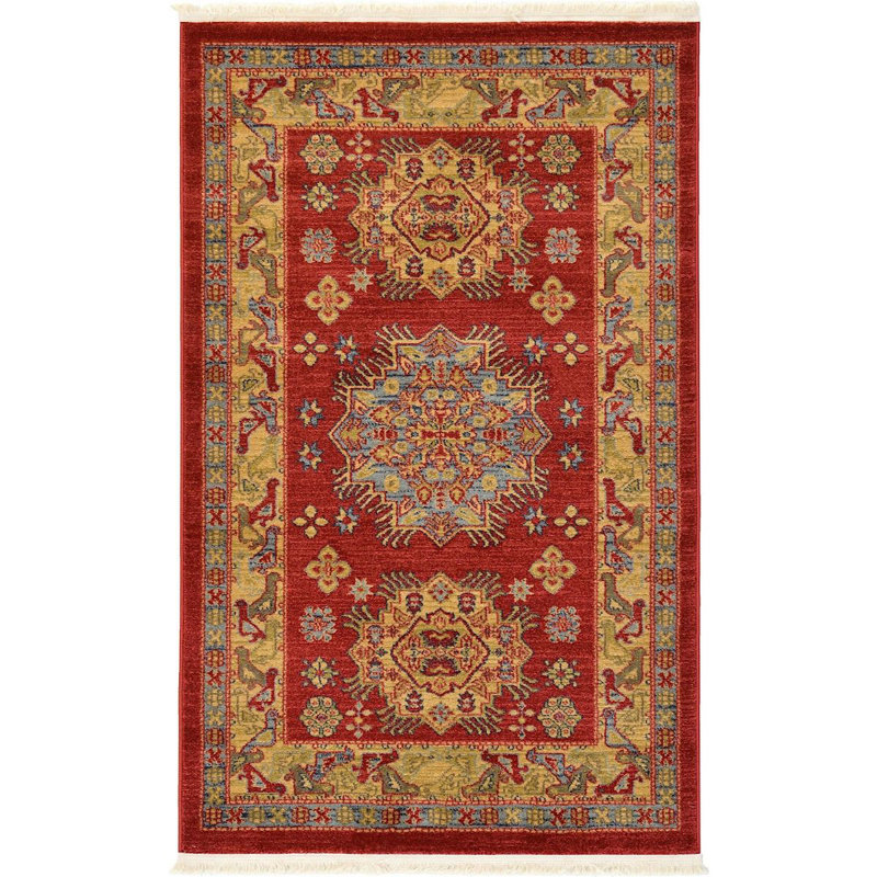 Tapis rouge de style oriental Eesi, Rectangle 3 pi 1 po x 5 pi 3 po