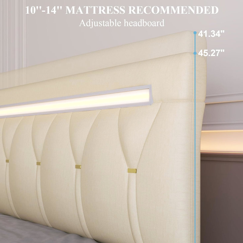 Cadre de grand lit avec éclairage à DEL, tête de lit réglable et fonction de charge intelligente - pièce de chambre contemporaine, revêtement en similicuir beige, base en bois de chêne, plus de 60000 couleurs personnalisables, luminosité