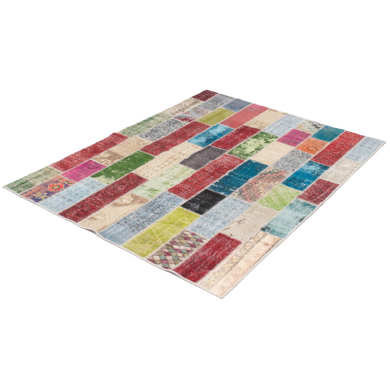 Tapis unique en laine noué à la main vert / rouge / rose 6 pi 1 po x 8 pi 3 po années 2010 Kamreen