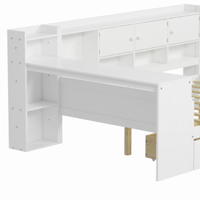 Wooden L-Shape Daybed With Seven Storage Cabinets And Two Storage Drawers, Multi-Functional Bed With Study Desk And Built-In Bookshelf