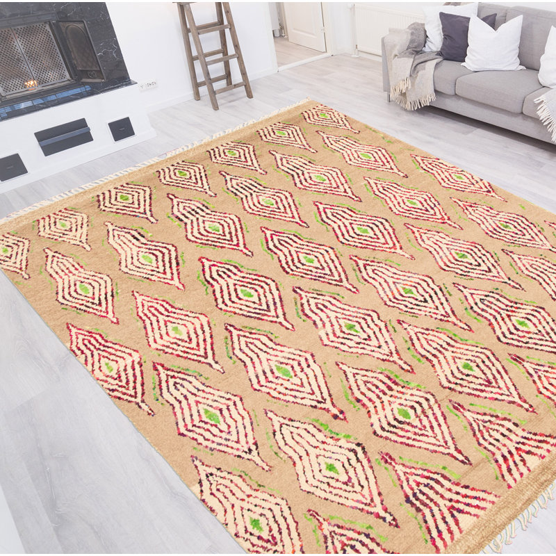 Tapis décoratif en laine brun clair marocain de conception unique 8 pi 11 po x 12 pi 6 po Ayren noué à la main