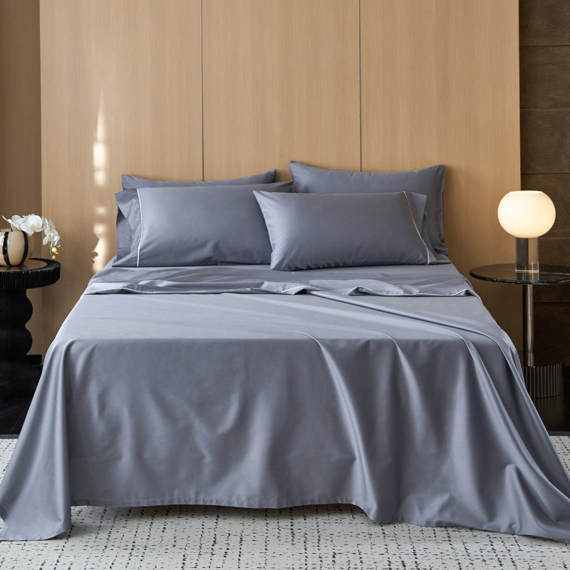 Ensemble de draps 100% coton satiné MooMee, Gris bleuâtre, Ensemble de draps pour grand lit avec deux taies d