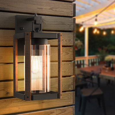 1-Light 13''H Black And Wood Grain Iron ETL Outdoor Wall Lantern With Dusk To Dawn