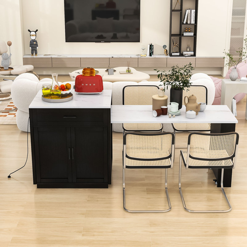 Elegant Multi-functional Kitchen Island with Extendable Dining Table, Dual Storage, and Power Outlets, Black