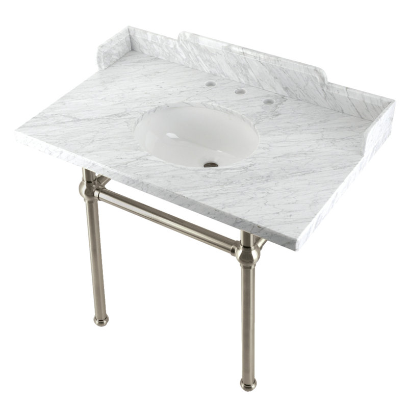 Kingston Brass Pemberton 36-Inch Carrara Marble Console Sink with Brass Legs (8-Inch, 3-Hole), Marble White/Brushed Nickel