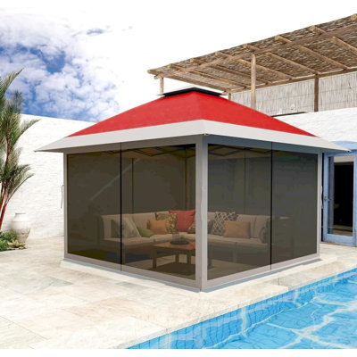 Tente 12 po x 12 pi avec auvent escamotable, pavillon de jardin à installation unique avec moustiquaire, 4 sacs de sable, hauteur réglable, protection UV imperméable pour les fêtes dans la cour, les barbecues, le camping et les événements extérieurs