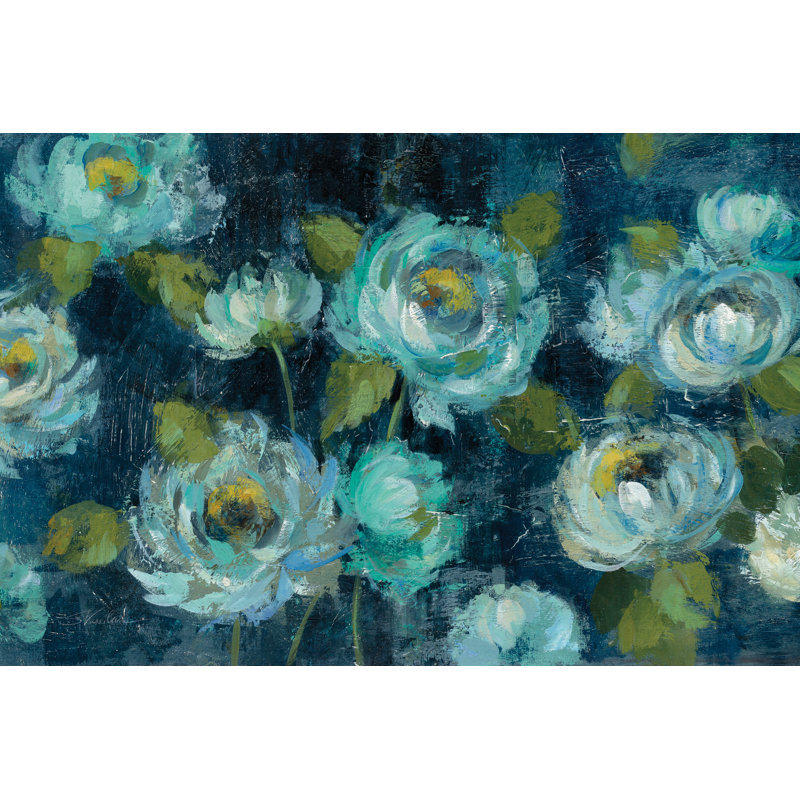 «Indigo Mums» par Silvia Vassileva - peinture sur toile tendue, H 32 po x l 48 po