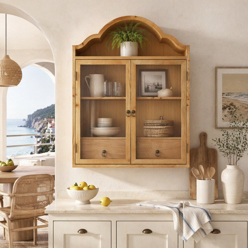 Armoire murale rétro en bois massif vieilli rustique avec plateau ondulé élégant, pour la salle à manger, la cuisine, le salon et la salle de bain