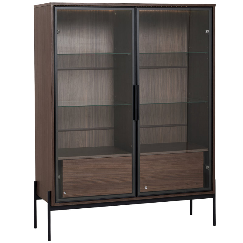 Armoire à DEL avec porte en verre trempé. Moderne minimaliste pour le salon, le bureau et le bureau. 4 tablettes réglables, 2 tiroirs, pieds en métal, présentoir lumineux noir et noyer foncé trempé. Style