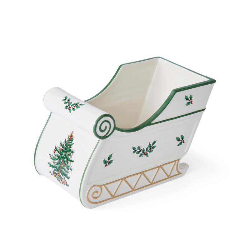 Spode Christmas Tree Figural Sleigh, 7.5" Dolomite Decorative Holiday Sleigh for Christmas Table Decor, Candy Holder, Snack Dish - Holiday Serveware & Festive Decorations