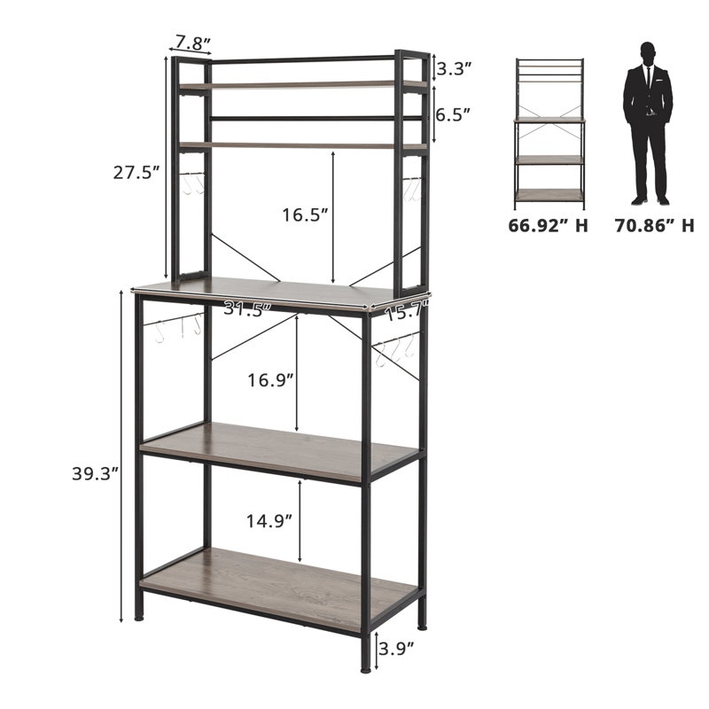 5-Tier Kitchen Bakers Rack With 10 S-Shaped Hooks, Industrial Microwave Oven Stand, Free Standing Kitchen Utility Cart Storage Shelf Organizer
