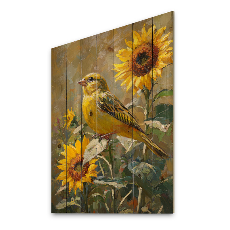 Finch Bird In The Farm Sunflowers II - Bird Wood Wall Decor - On Natural Pine Wood, 32" H x 24" W x 0.78" D