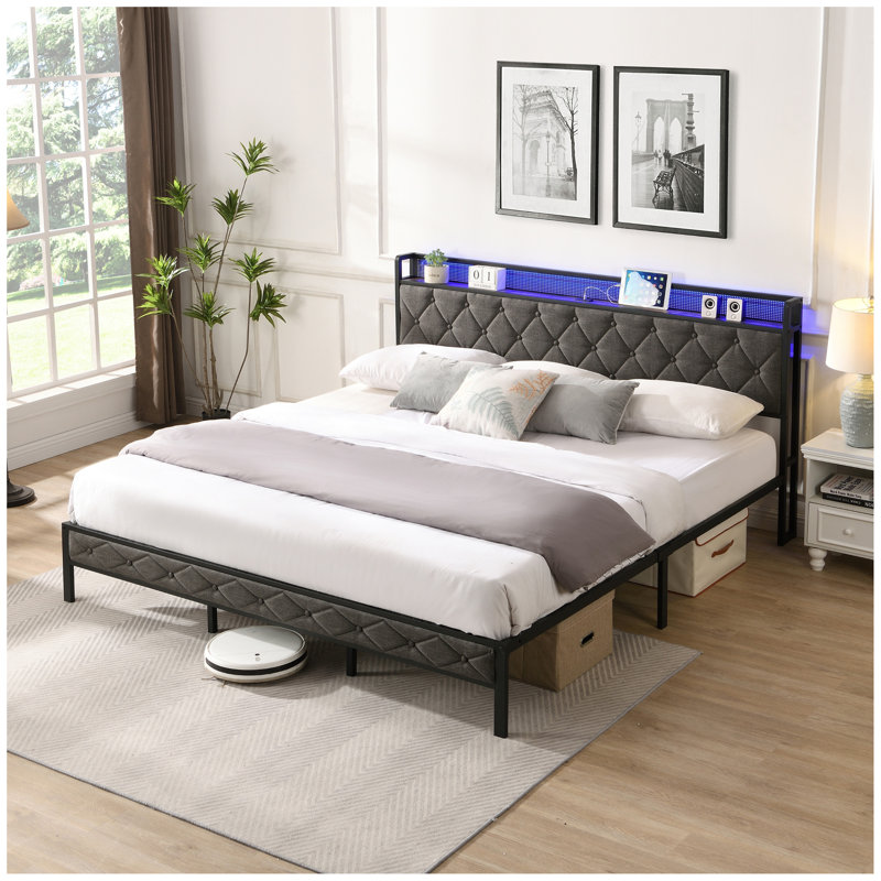 Mesum Fabric Upholstered Frame with LED Lights, King