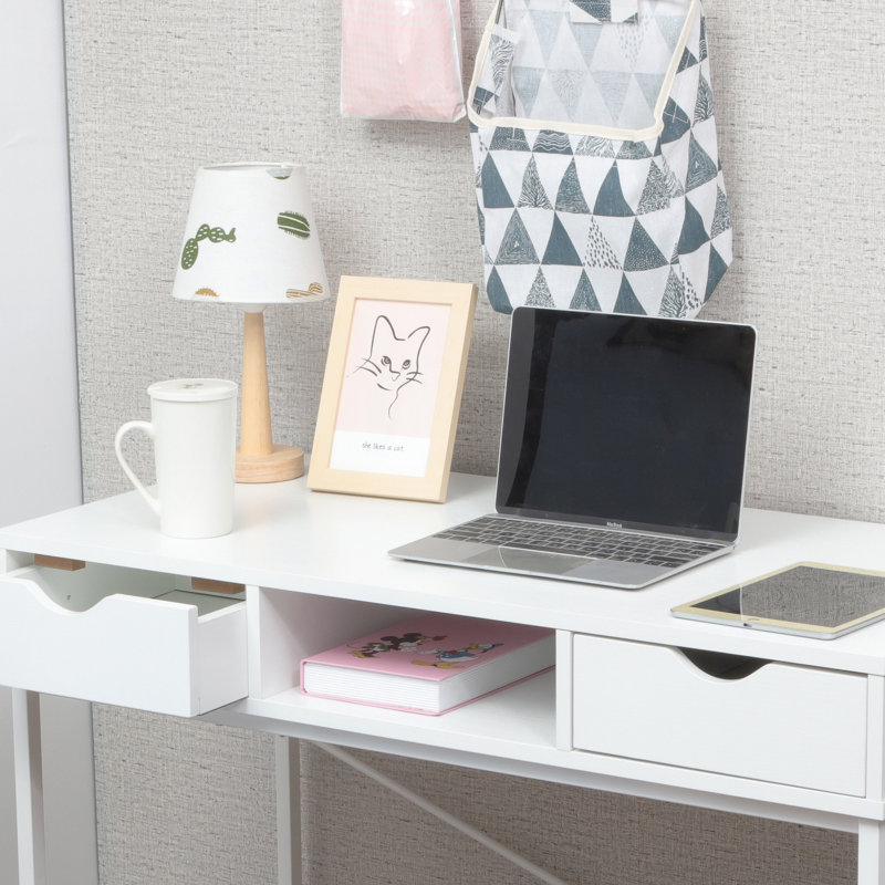 Glenhill Iron Writing Desk with Built-In Electrical Outlet, White/White