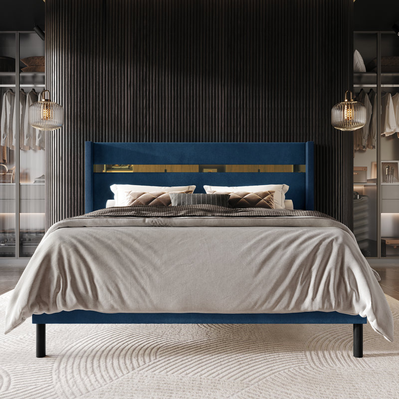  Velvet Platform Wingback Bed , Twin, Navy Blue