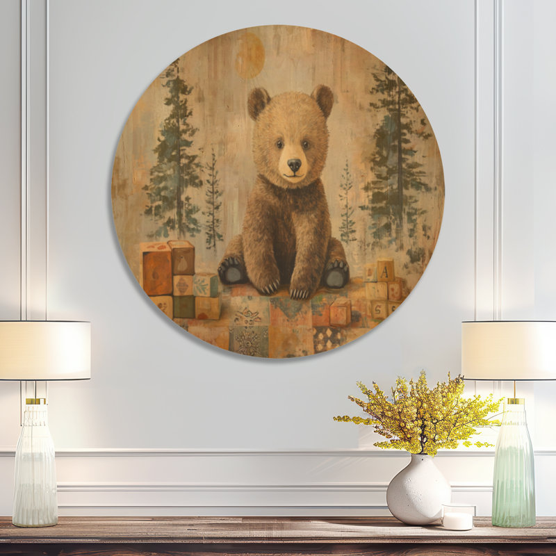 Tapis d'histoire de l'alphabet - Impression d'art mural en bois d'ours, Rond 23 po, Rond