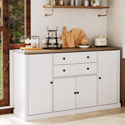 58" Farmhouse Buffet Sideboard, Modern Coffee Bar Cabinet with 2 Drawers & 4 Grooved Barn Doors, Wooden Kitchen Storage Console for Dining Room, Wood+