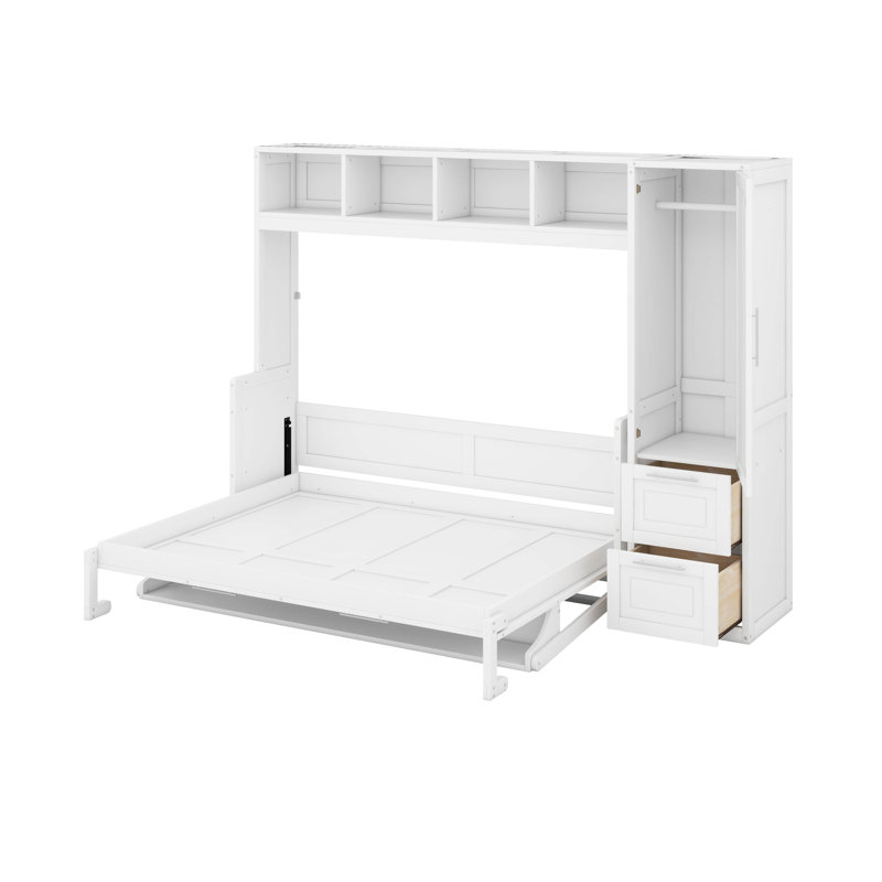 Grand lit escamotable, mur avec placard et tiroirs, Blanc