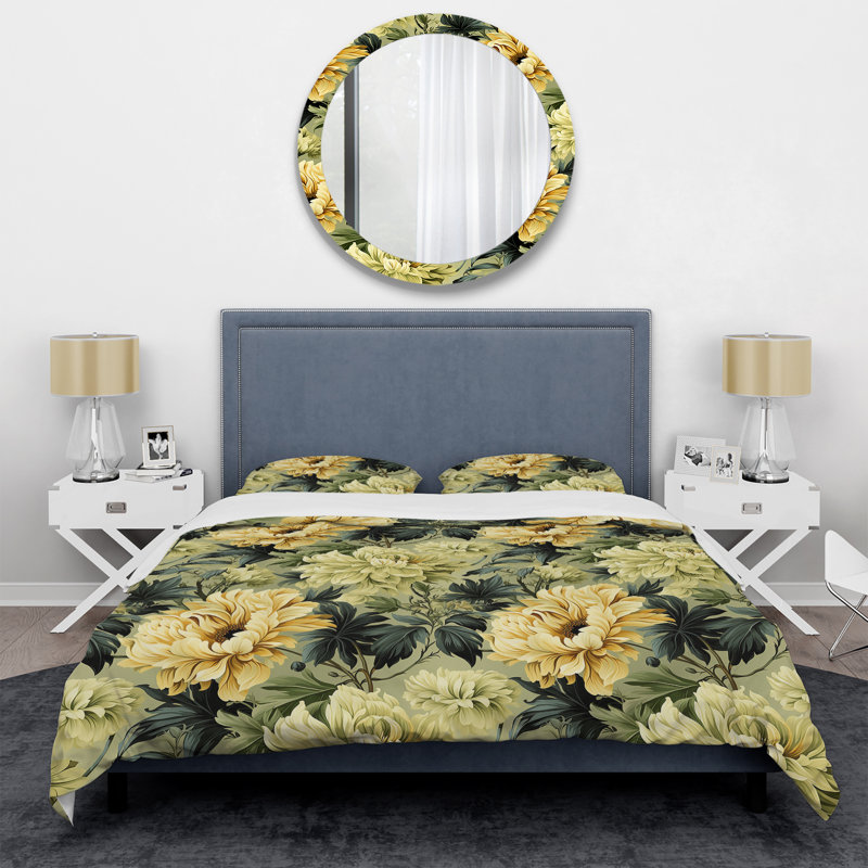 Ensemble de housse de couette beige et vert pivoines damassées Serenity, Housse de couette pour très grand lit et 2 très