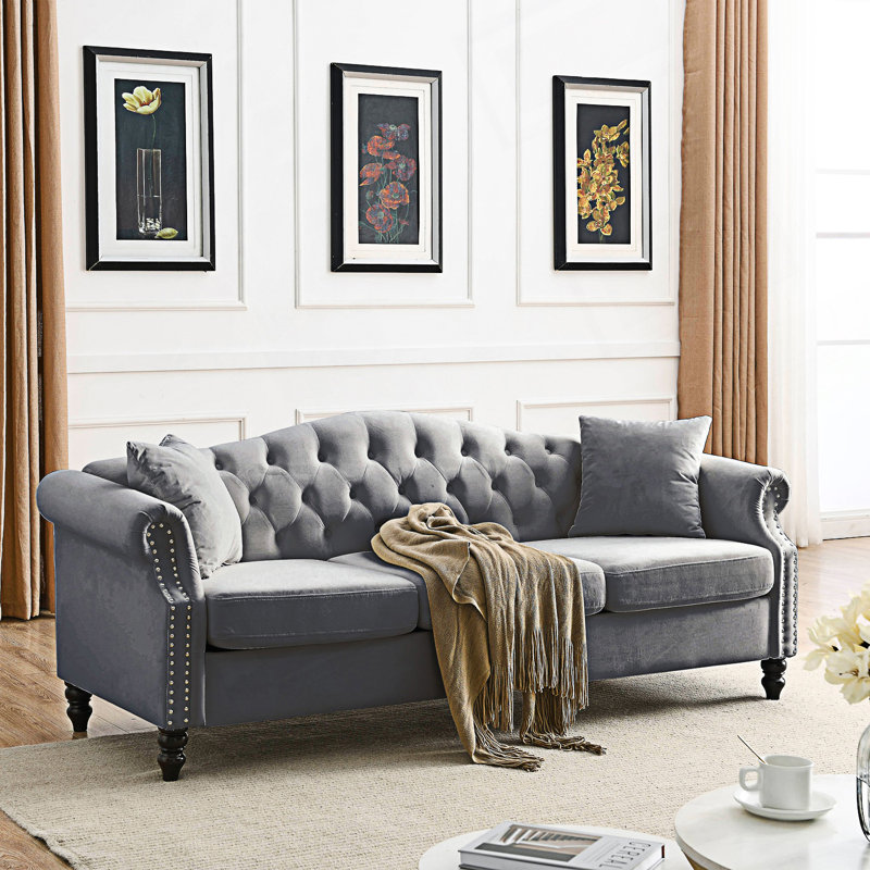 Tufted Couch With Rolled Arms, Chesterfield Sofa, Seater Sofa, Grey, 3