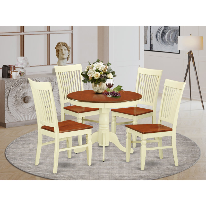 5 Piece Dining Room Table Set Includes a Round Wooden Table with Pedestal and 4 Kitchen Dining Chairs, 36x36 Inch, Buttermilk & Cherry