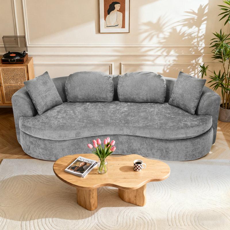 Bonelesss 94.88” Curved Cloud Sofa Couch, No Assembly Required Compression Sofa Bed with Deep Seat, 4 Pillows, Gray
