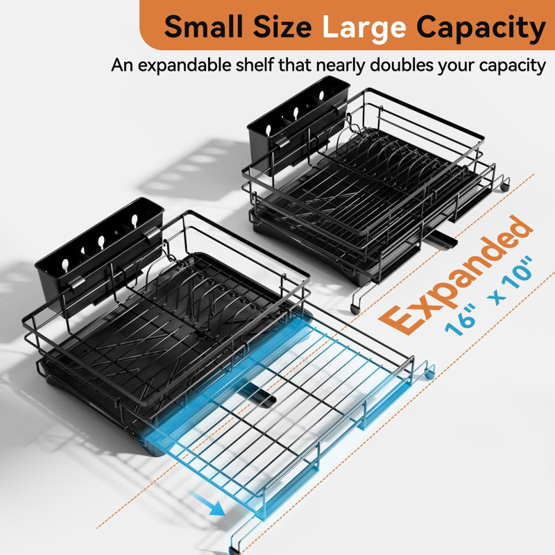 Expandable Black Metal Dish Drying Rack with Utensil Cup