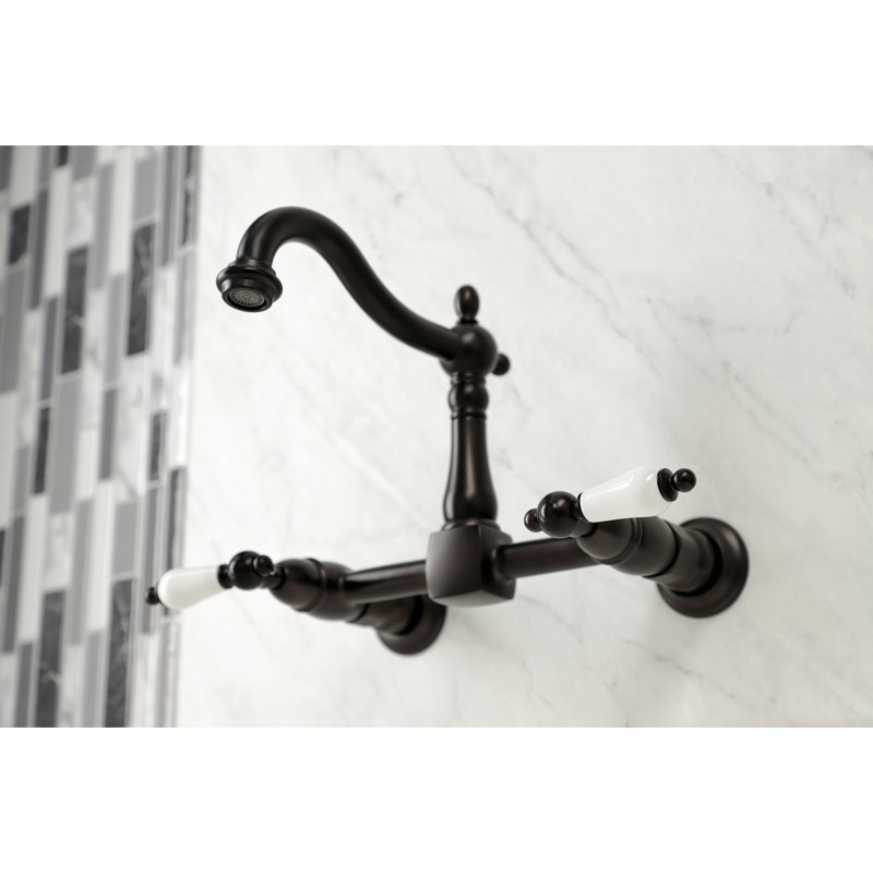 Kingston Brass Heritage Double-Handle 2-Hole Wall-Mount Bridge Kitchen Faucet, Oil Rubbed Bronze