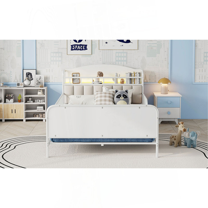 Full Size Metal Platform Bed Frame With Light, Kids Full Metal Bed With Upholstered And Storage Headboard, White, Full