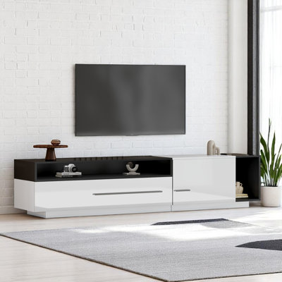 White With Black High Gloss TV Stand For 60 To 70 Inch Tvs With 2 Closed Storage Spaces, 1 Door And 1 Drawer
