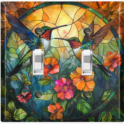 Couvercle de plaque d'interrupteur en métal; Bascule à deux bandes US - colibri avec fleurs en verre coloré US IMPRIMER