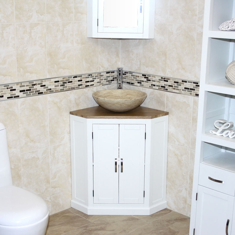 Andrina 550mm Single Bathroom Vanity with Vessel Stone Basin, White, Travertine
