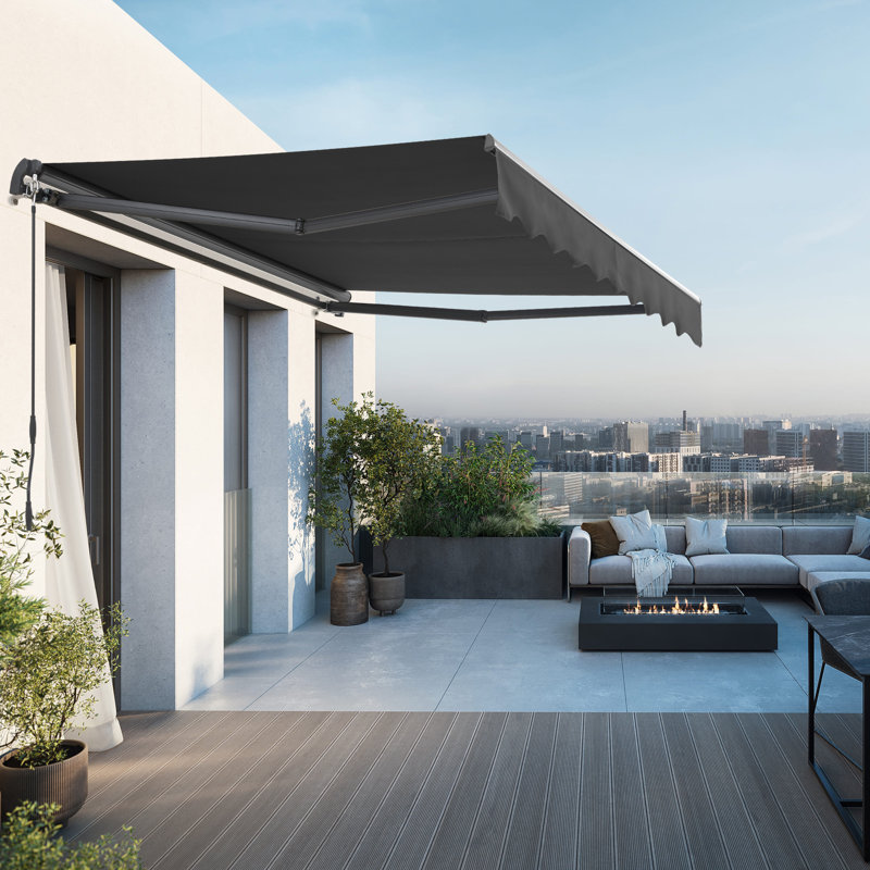 Canopee Retractable Patio Awning Sun Shade Awning with Manual Crank Handle 300g Polyes, 5.91"H x 98.43"W x 98.43"D, Black