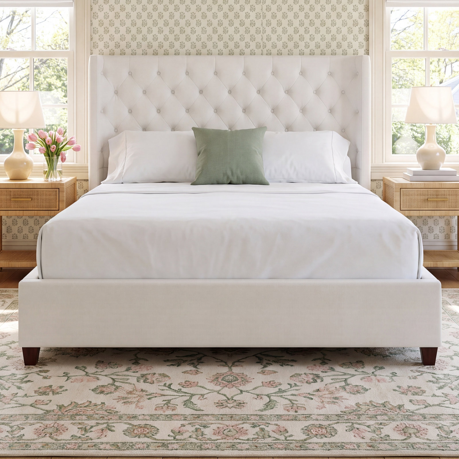 Naveen Linen Upholstered Wingback Bed, Light Beige Linen