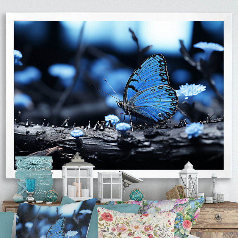Forêt de papillons bleu forêt - impression, H 30 po x l 40 po x P 1,5 po, Cadre simple blanc