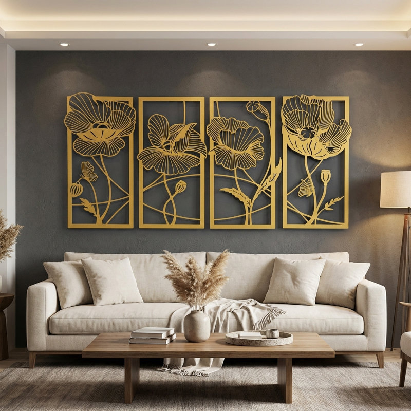 Ensemble d'art mural en métal Blossom - 4 pièces, Or, H 18 po x l 37 po x P 1 po