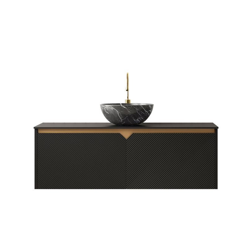 Meuble-lavabo et lavabo de salle de bain 48 po RUBEN, armoire de rangement flottante murale en contreplaqué, portes doubles en sergé avec garniture en métal, vasque en céramique noire avec motif en pierre et plateau en pierre frittée noire, noir