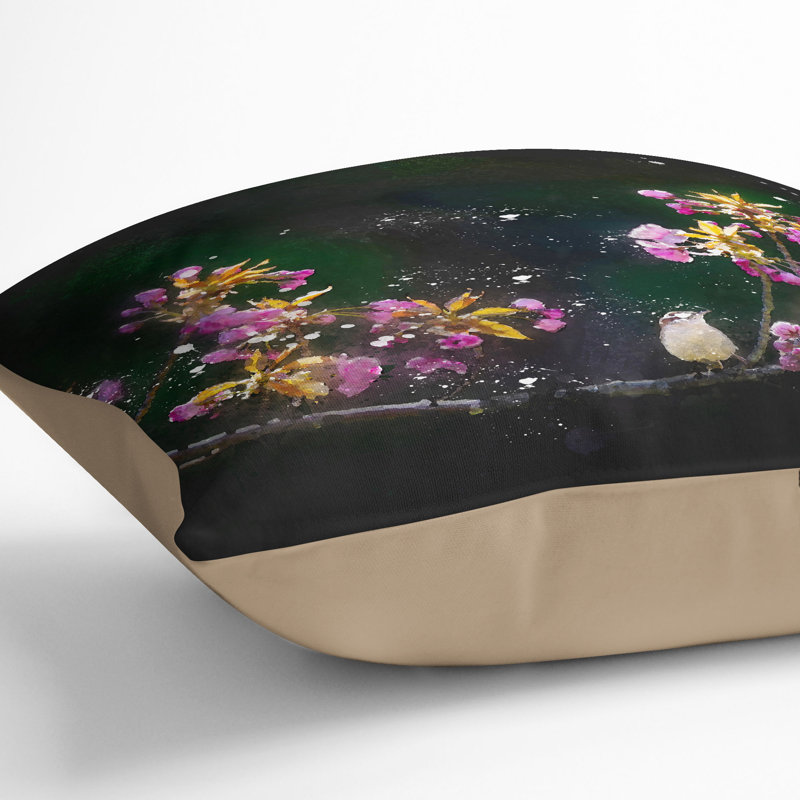 Wren upon a Blossom Tree Branch Cushion with Filling, Stone, 40cm H x 40cm W x 15cm D