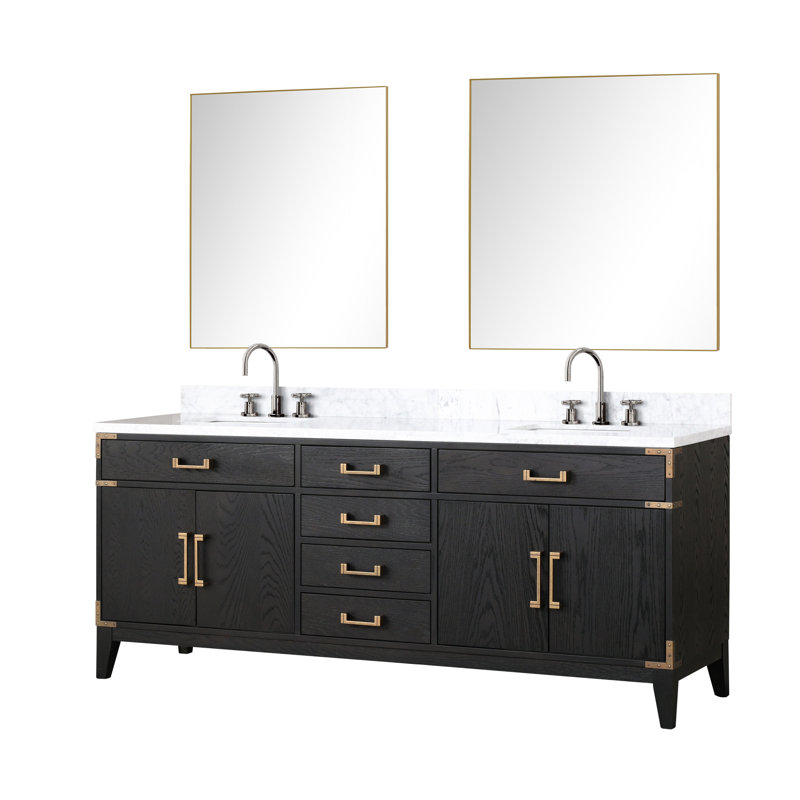 Laurel 80 in W x 22 in D Double Bath Vanity Mirrors with Faucet Set, White Carrara Marble, Black Oak