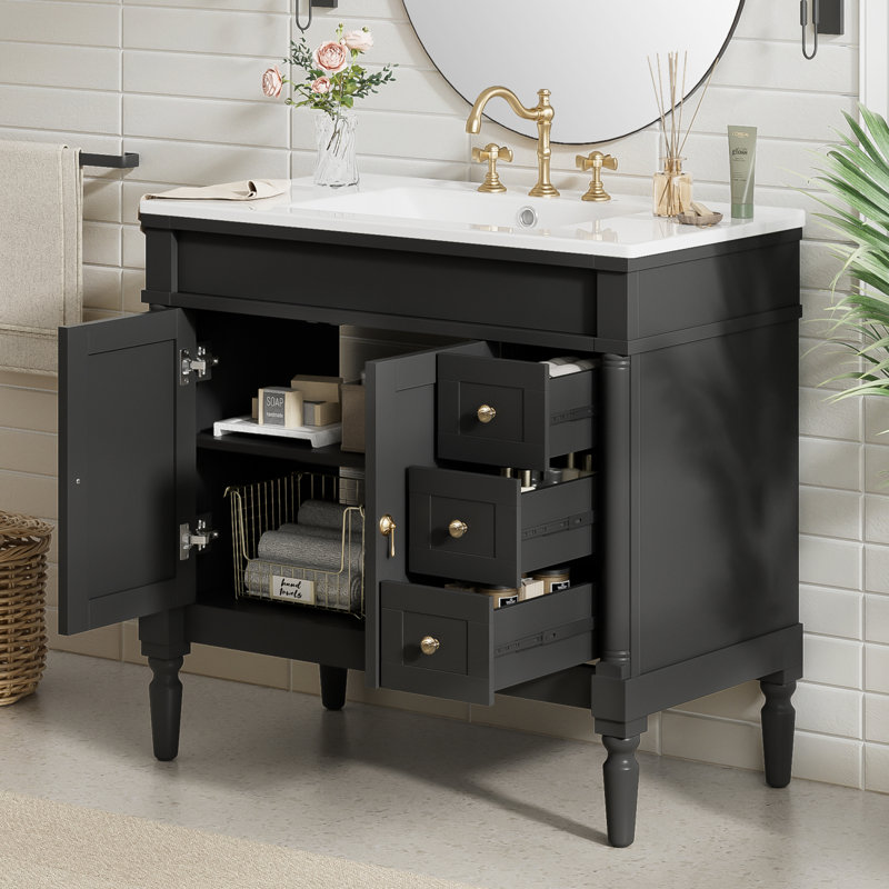 Meuble-lavabo 36 po avec lavabo en céramique, Noir
