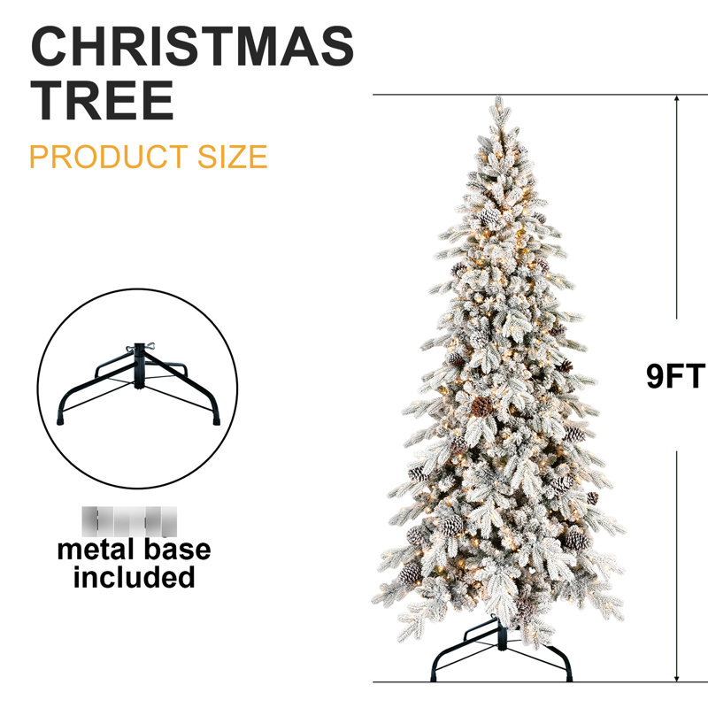 Arbre de Noël enneigé 9 pi, 1250 lumières DEL blanc chaud, 2138 pointes, 52 pin naturel, installation rapide pour les fêtes occupées